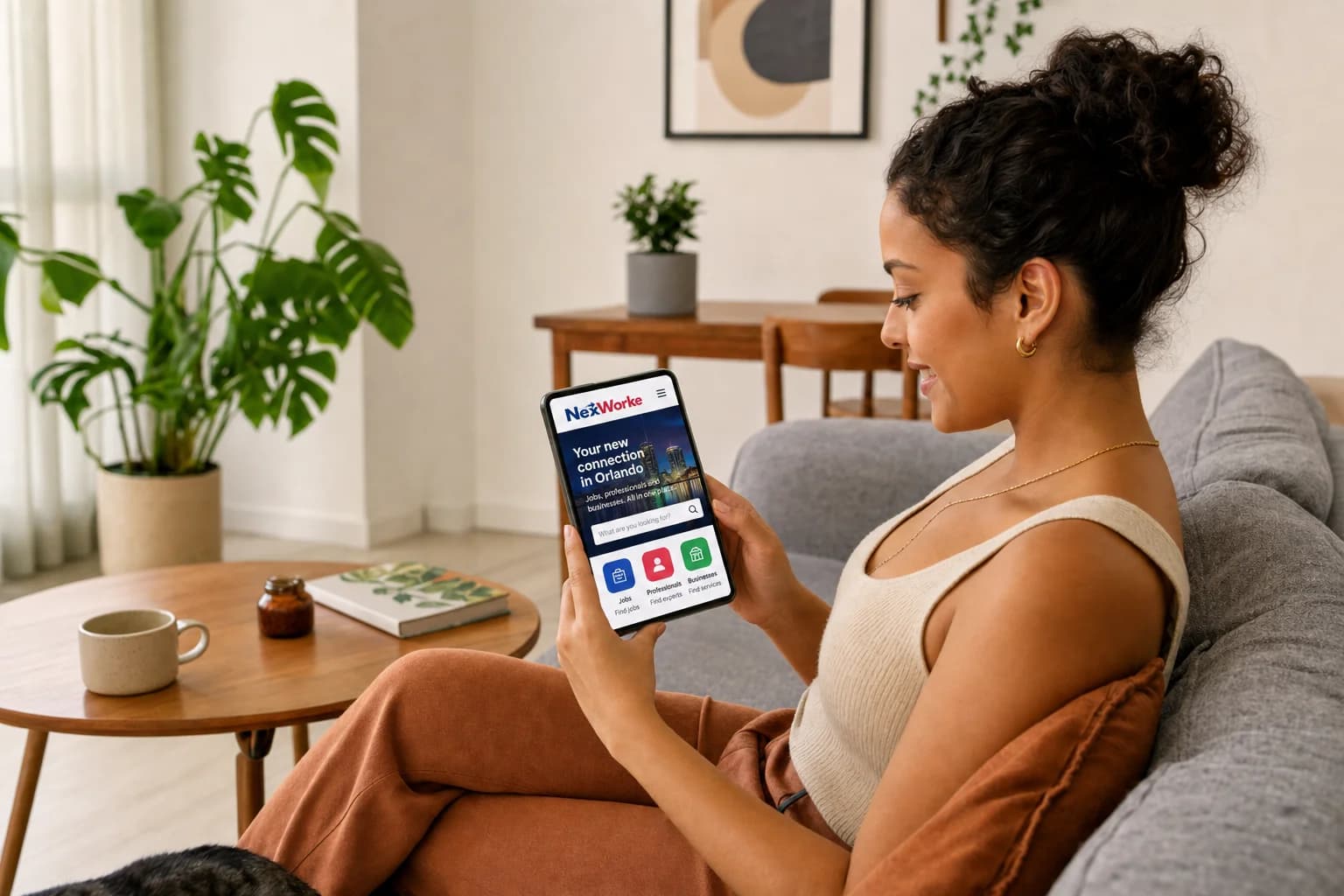 Persona usando el celular en casa para buscar oportunidades en NexWorke